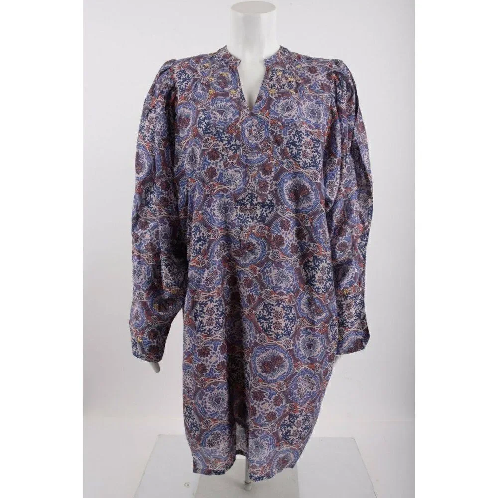 Chufy Womans Floral Ma Dress L Blue Lln Print Burma Puff sleeve Cotton Silk NWT